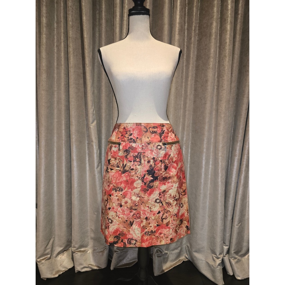W by Worth Women Floral Genuine Leather Mini Skirt Coral Brown Multi Size 2